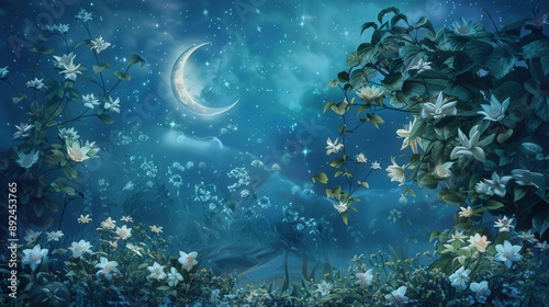 A magical flower background, depicting a secret garden with moonflowers and night-blooming jasmine, illuminated by the glow of a crescent moon.