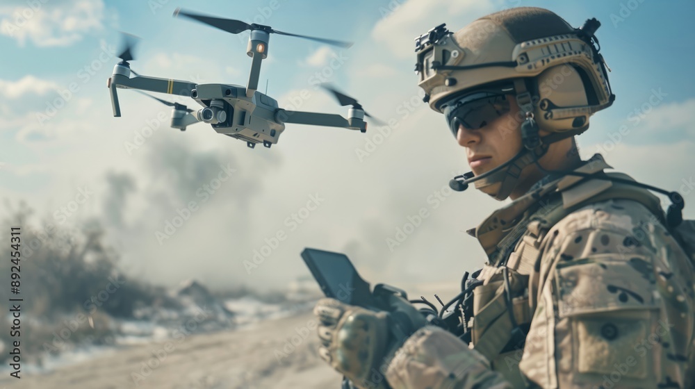 Soldier operating a drone in a battlefield. Military technology in action. Tactical equipment used in combat zone. High tech military operations. Epic warzone preparation scene. AI