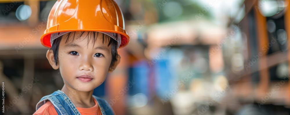 A child with striking green eyes wears an orange hard hat, portraying child labor. A child with striking green eyes wears an orange hard hat, portraying child labor.