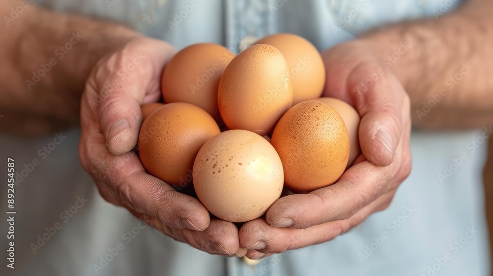 Farmer holding freshly laid eggs, emphasizing nutrient-rich quality and sustainable farm techniques Farmer holding freshly laid eggs, emphasizing nutrient-rich quality and sustainable farm techniques