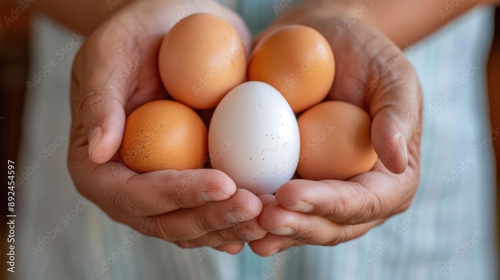 Farmer's hands holding organic eggs, showcasing rural life and amino acid-rich produce Farmer's hands holding organic eggs, showcasing rural life and amino acid-rich produce