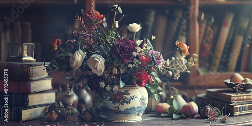 The Unwitting Hosts: A vase of flowers, surrounded by antique books and quaint trinkets photo