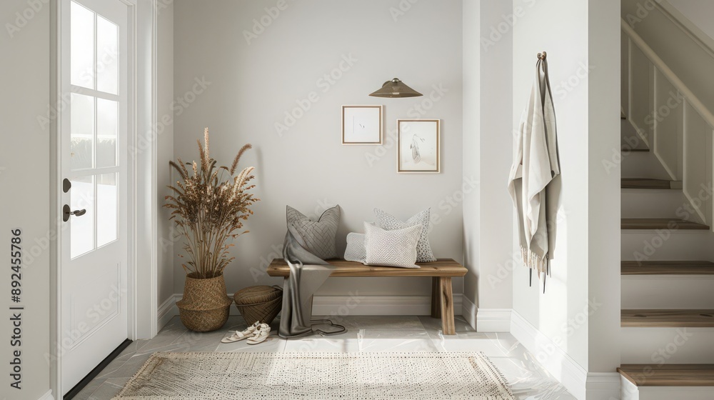 A minimalist entryway with functional storage solutions, a simple bench, and neutral decor, creating a welcoming and tidy first impression A minimalist entryway with functional storage solutions, a simple bench, and neutral decor, creating a welcoming and tidy first impression