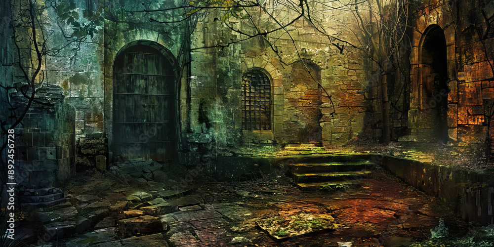 The forgotten realm a crumbling stone wall in the forest revealing. The forgotten realm a crumbling stone wall in the forest revealing.