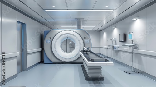 A modern CT scanner in a clean, sterile imaging room, featuring advanced imaging technology and a comfortable patient bed.