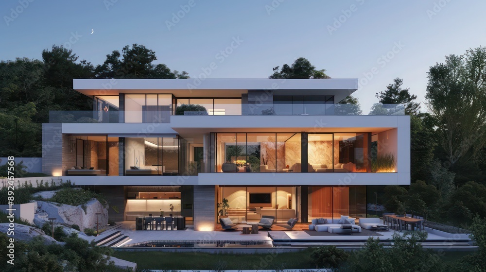 Modern luxury home with a minimalist design, featuring integrated smart home technology and a panoramic view of the surrounding nature Text space required Modern luxury home with a minimalist design, featuring integrated smart home technology and a panoramic view of the surrounding nature Text space required