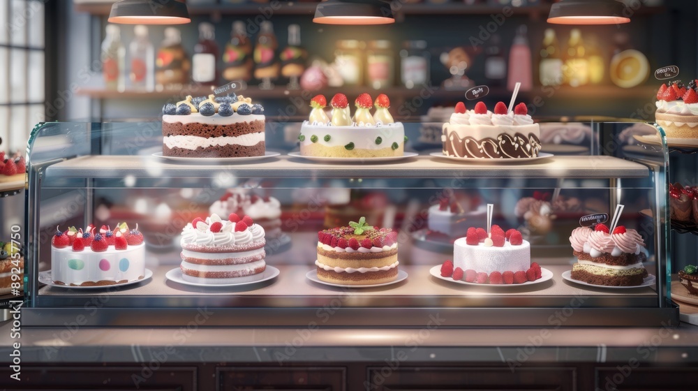 Variety of Delicious Cakes in a Bakery Display Case. Beautifully decorated cakes for celebrations. Tempting treats for special occasions. Aesthetic and artistic presentation of desserts. AI. Variety of Delicious Cakes in a Bakery Display Case. Beautifully decorated cakes for celebrations. Tempting treats for special occasions. Aesthetic and artistic presentation of desserts. AI.