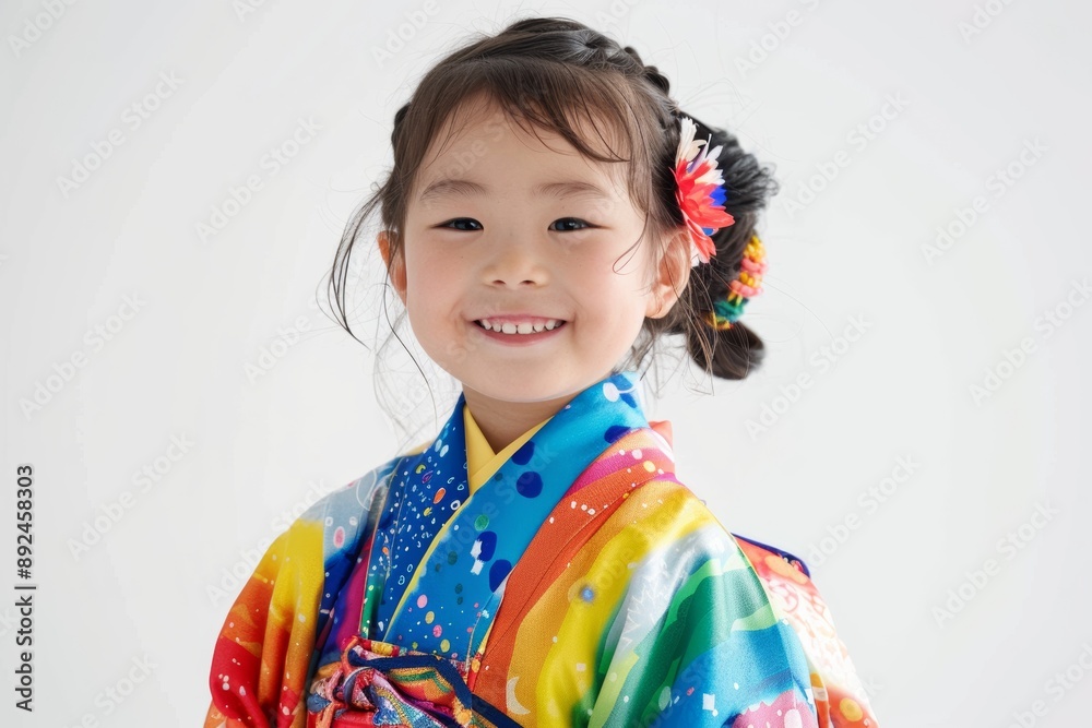 A cute Japanese girl wearing a high-contrast colorful kimono and a random hairstyle poses against a white background. A cute Japanese girl wearing a high-contrast colorful kimono and a random hairstyle poses against a white background.