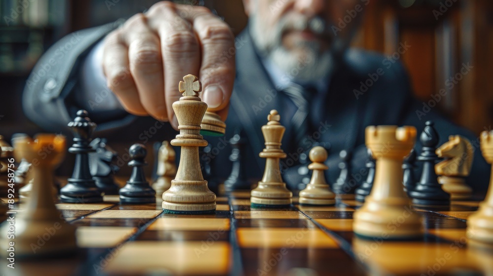 Hand man playing chess and moving a piece Hand man playing chess and moving a piece