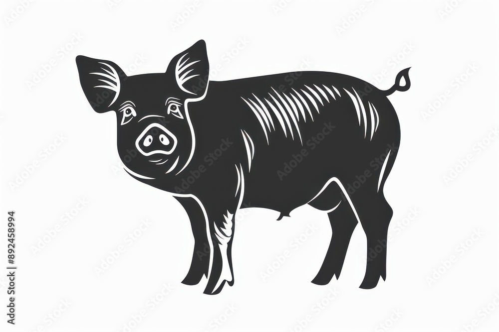 Fototapeta premium Black and white flat vector art of a pig, svg style, isolated on white background, simple vector art design 