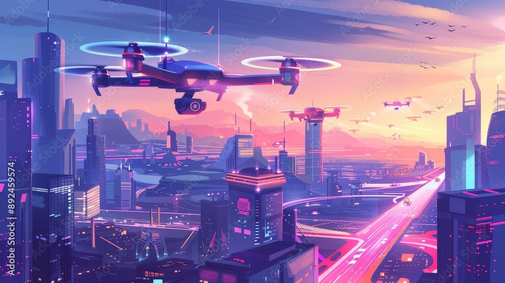 Obraz premium Advanced Drone Delivery System Transforms Modern Cityscape at Dusk