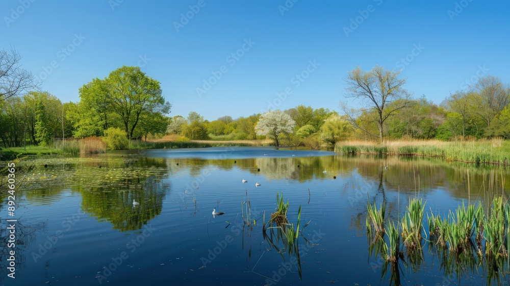 A peaceful pond surrounded by budding trees and chirping birds, reflecting the clear blue sky of a perfect spring day