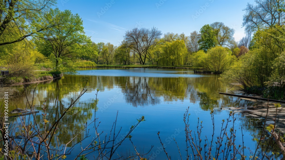 A peaceful pond surrounded by budding trees and chirping birds, reflecting the clear blue sky of a perfect spring day A peaceful pond surrounded by budding trees and chirping birds, reflecting the clear blue sky of a perfect spring day