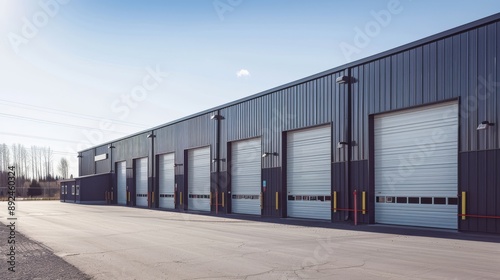 The photo shows several large closed garage doors on the front of a commercial building.