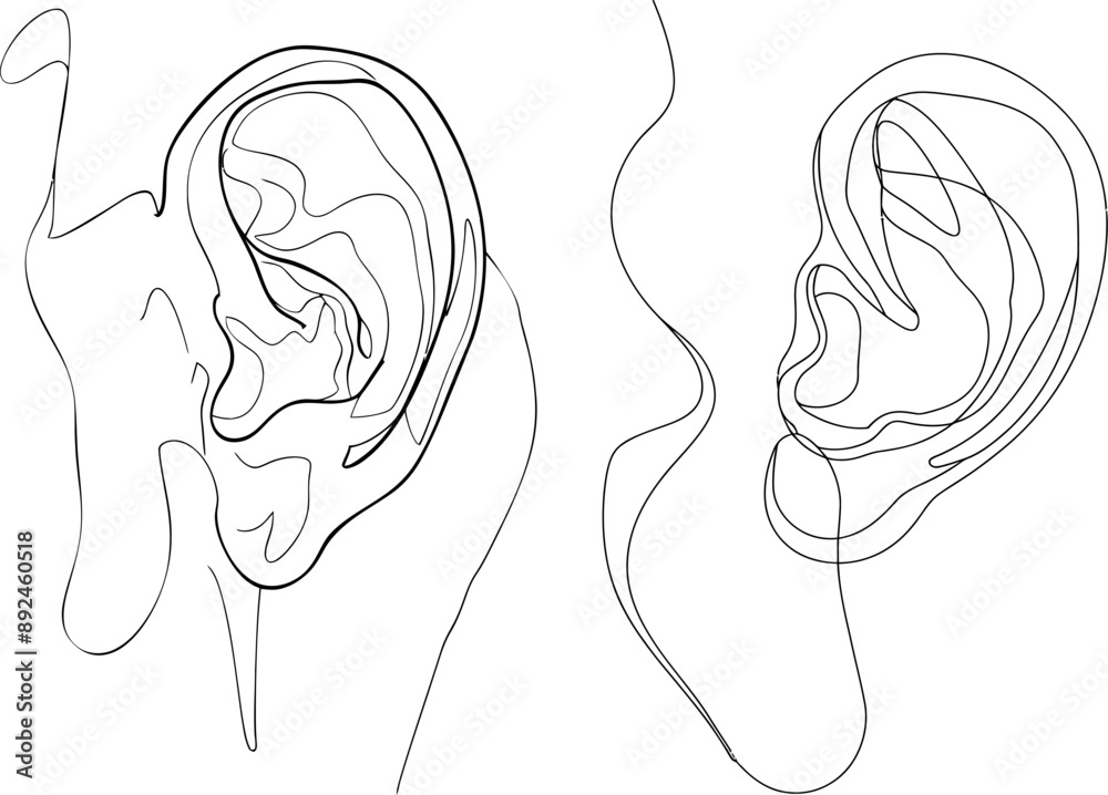 Illustration of a continuous one-line drawing of a human ear. Illustration of a continuous one-line drawing of a human ear.