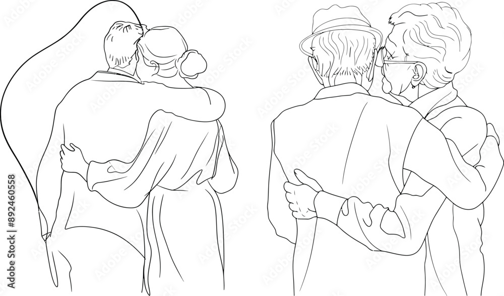 Continually drawn one line drawing of a couple of seniors hugging each other. Old people in love Continually drawn one line drawing of a couple of seniors hugging each other. Old people in love