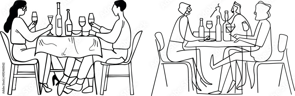 Continually drawn one line drawing of happy boys and girls sharing a drink at a celebration party.