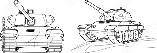 The tank is in a continuous line art style. An abstract tank vehicle is black and linear, isolated on white.
