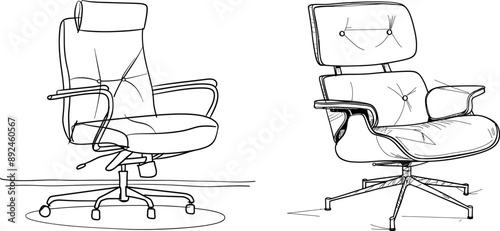 Continual line art drawing style. Swivel desk chair in black linear sketch isolated on white background