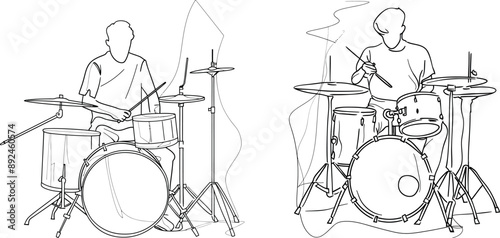 Modern illustration of a drum player raising drumsticks up. Continuous line drawing. photo