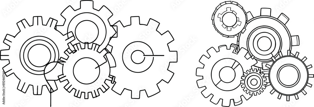 A single line drawing depicting a gear wheel. It shows one continuous line. A single line drawing depicting a gear wheel. It shows one continuous line.