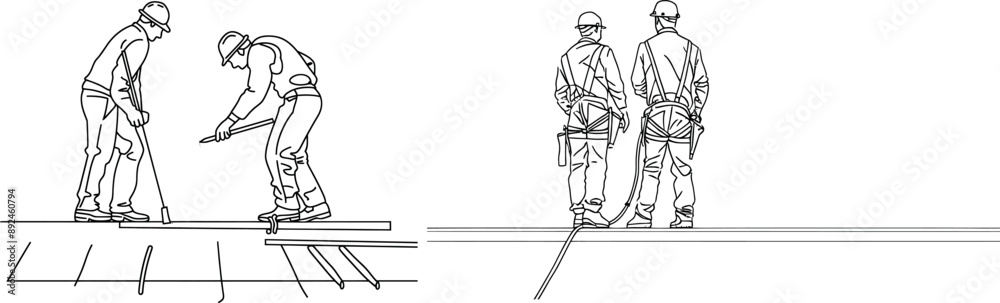 Fototapeta premium A single continuous line drawing depicts a young construction manager instructing a builder coordinator at a site meeting