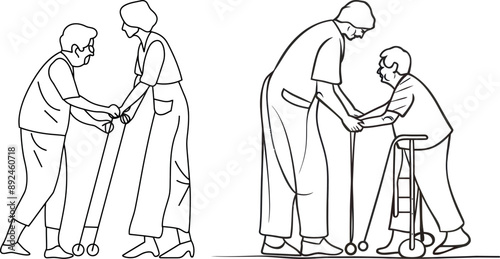A woman is hand drawing one line of a disabled man being helped by a woman against a white background.