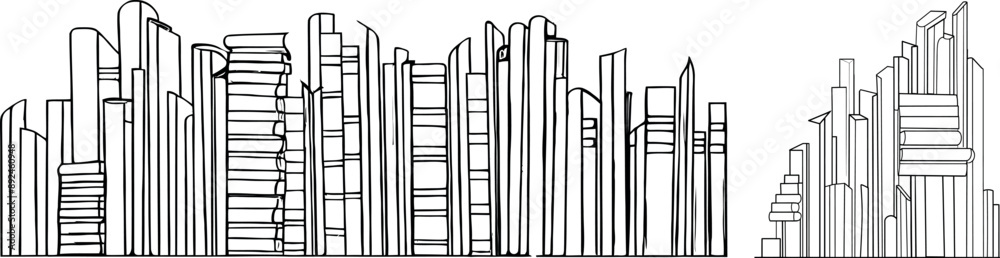 An illustration of several stacks of books in a line drawing style. An illustration of several stacks of books in a line drawing style.