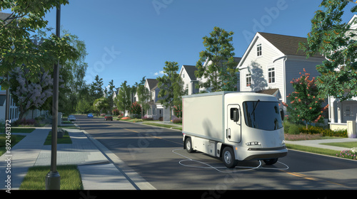 The autonomous electric delivery truck drives through the American suburb photo