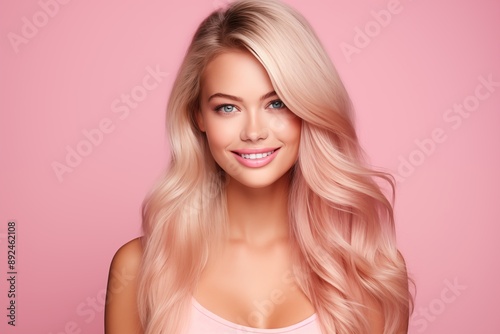 Portrait of beautiful blonde woman with long hair, wearing pink casual and smiling