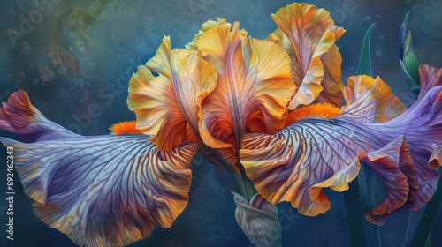 A painting of a purple and yellow flower with a blue background