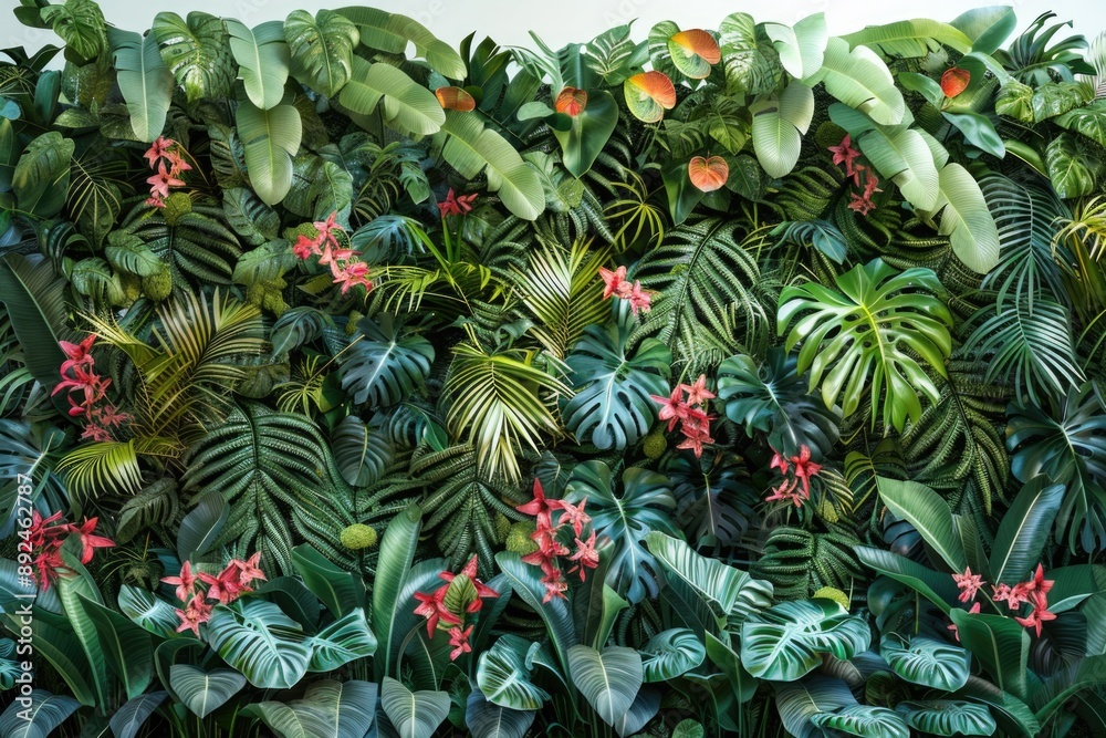 Fototapeta premium A beautiful wall covered with lush tropical plants and bright red flowers