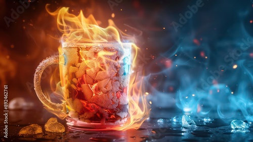 A cup of tea with ice cubes and a flame on top