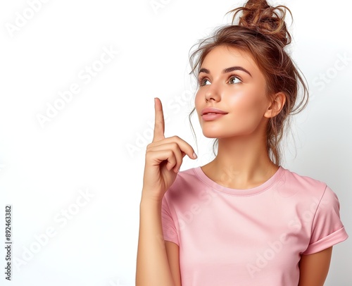 Portrait of beautiful blonde woman with long hair, wearing pink casual and smiling