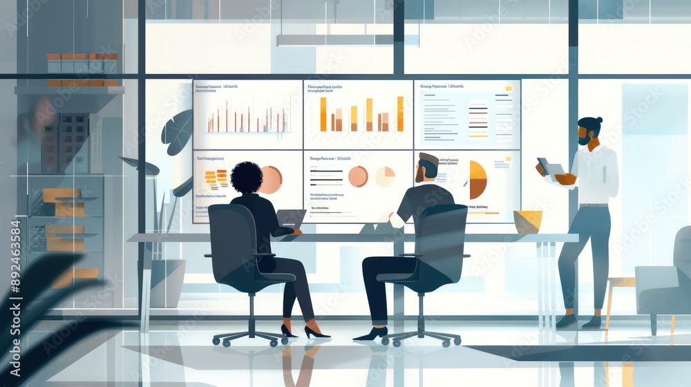 Executives analyzing customer feedback data, discussing insights and action plans in a sleek, modern office environment Executives analyzing customer feedback data, discussing insights and action plans in a sleek, modern office environment