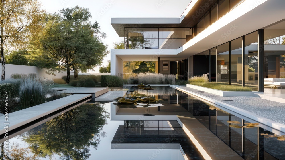 Fototapeta premium Modern minimalist home with clean architectural lines, featuring a reflective pool and structured, minimalist landscaping Text space required