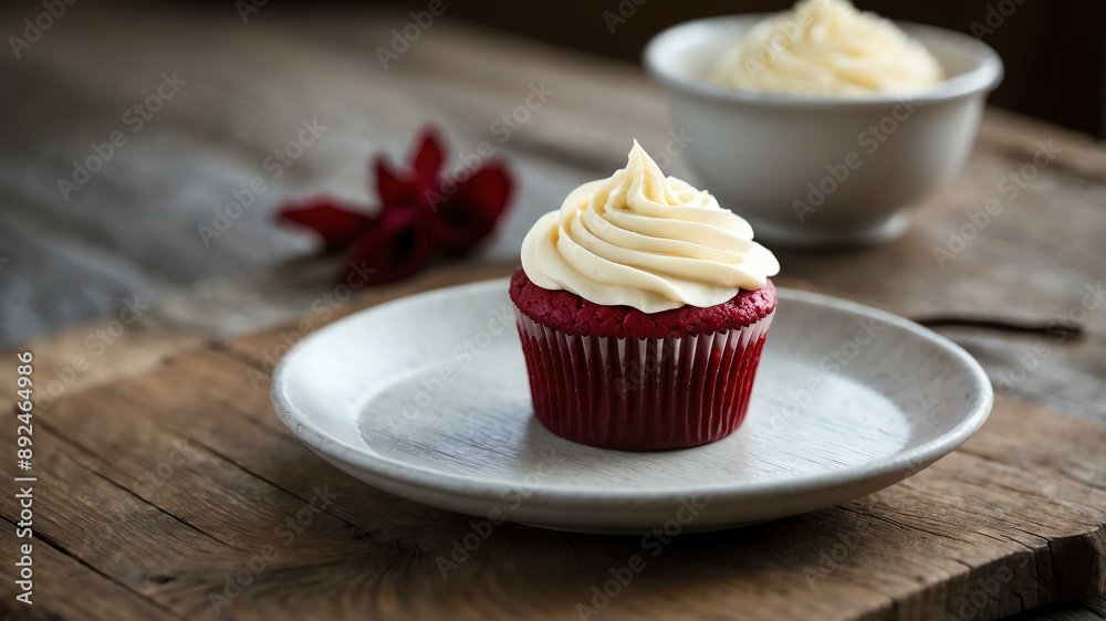 an image of a single perfectly frosted red velvet cupc background an image of a single perfectly frosted red velvet cupc background