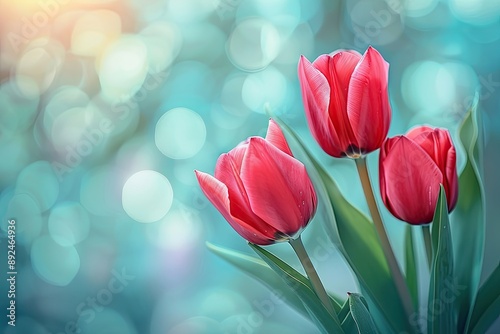 Three red tulips are in a vase with green stems. The flowers are surrounded by a blue background