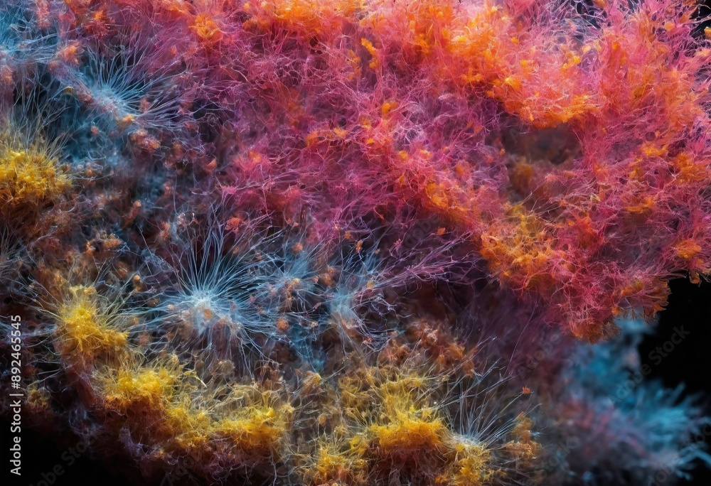 Fototapeta premium Microscope of mucous mold exploding in natural habitat, transparent filaments, shimmering spores. Microbiology laboratory concepts. Generative AI