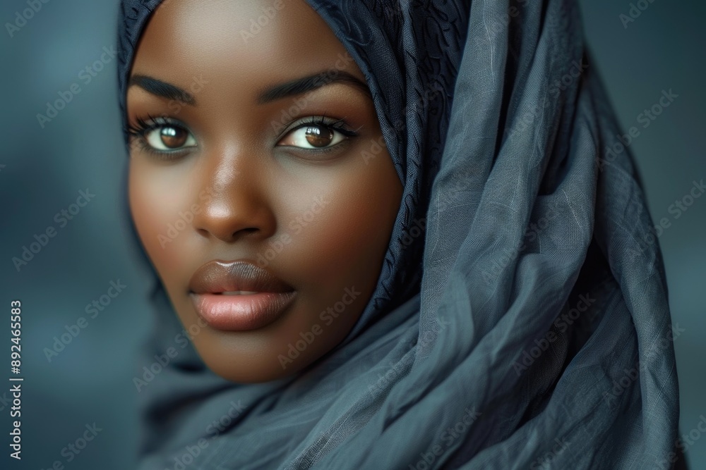 Close-up portrait of a woman wearing a headscarf, possibly for cultural or religious purposes
