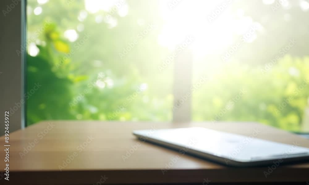 Summer Window Blur: Desk with Garden View Overlay Summer Window Blur: Desk with Garden View Overlay