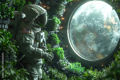 On a space orbital station, experimental crops are being cultivated in microgravity. An astronaut is researching plant growth, representing a technological breakthrough and planetary expansion