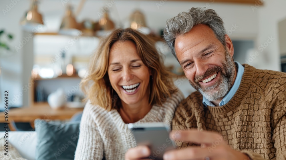 A middle-aged couple sharing a joyful moment by looking at a smartphone, both smiling and dressed in warm, casual clothing, in a cozy indoor setting reflecting comfort and happiness. A middle-aged couple sharing a joyful moment by looking at a smartphone, both smiling and dressed in warm, casual clothing, in a cozy indoor setting reflecting comfort and happiness.