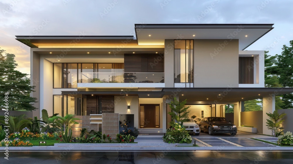 Modern suburban home front view with a minimalist aesthetic, featuring a flat roof and neutral color palette Modern suburban home front view with a minimalist aesthetic, featuring a flat roof and neutral color palette