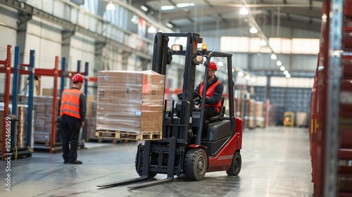 Warehouse worker driving a forklift in a warehouse