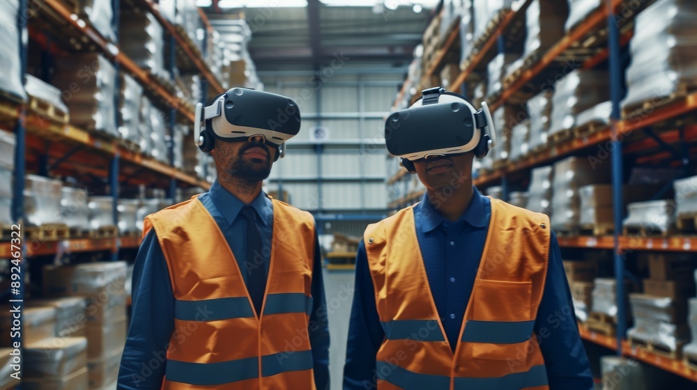Two warehouse workers wearing virtual reality headsets work in a warehouse. Two warehouse workers wearing virtual reality headsets work in a warehouse.