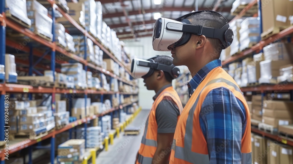 Fototapeta premium Two warehouse workers wearing virtual reality headsets look at products on shelves in a warehouse.
