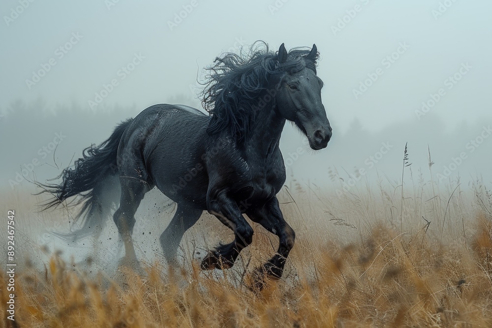 black horse gallops through a misty, rainy winter field, radiating health and happiness. black horse gallops through a misty, rainy winter field, radiating health and happiness.