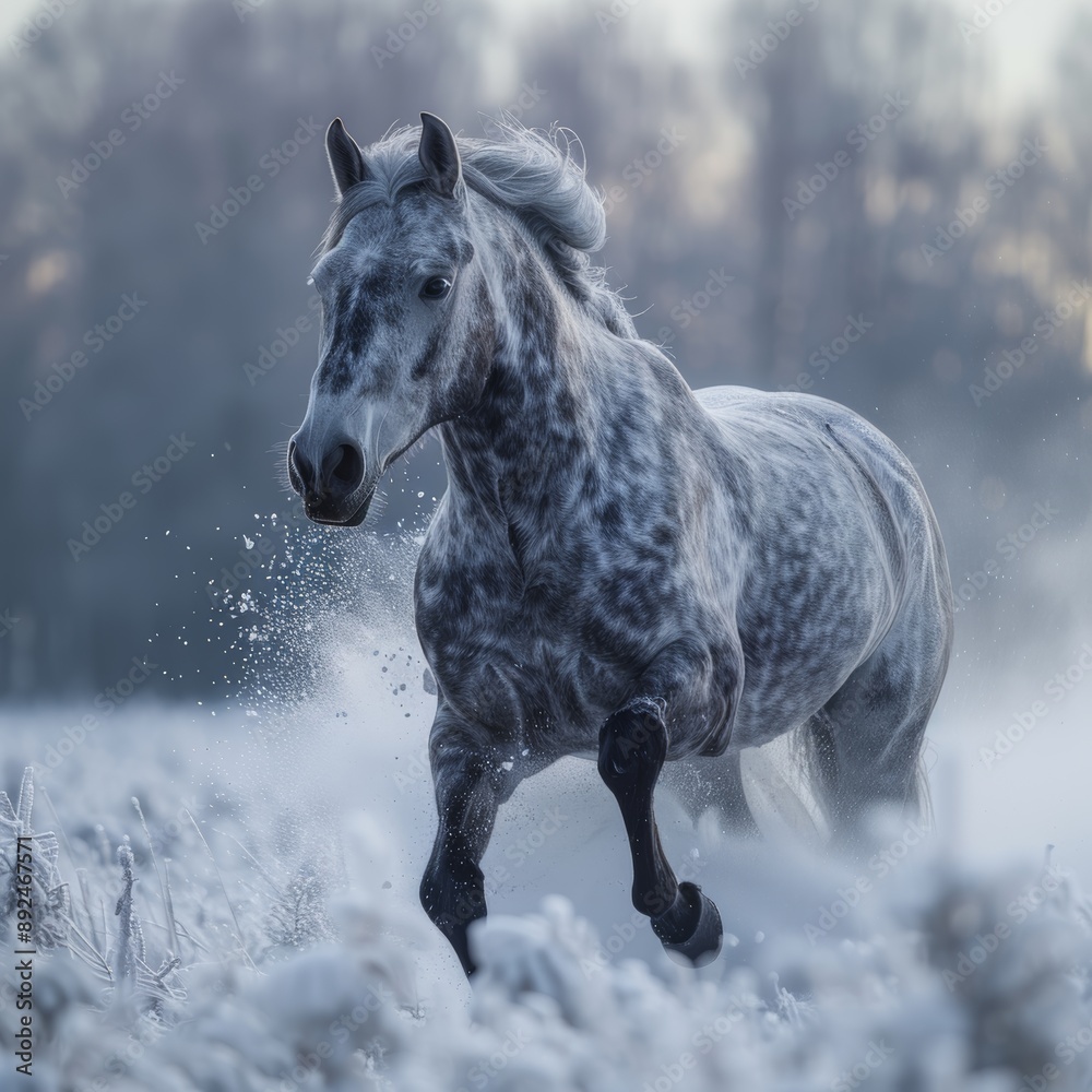Against the backdrop of a snowy winter field, a graceful white horse runs in a powerful gallop, evoking a sense of wonder and serenity. Against the backdrop of a snowy winter field, a graceful white horse runs in a powerful gallop, evoking a sense of wonder and serenity.