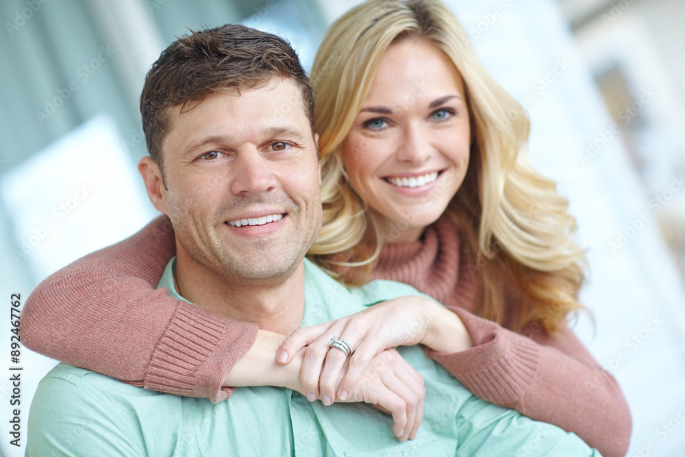 Portrait, hug and happy couple in home for love, care and bonding together to relax in living room. Face, man and woman smile to embrace for support, connection and healthy relationship in apartment Portrait, hug and happy couple in home for love, care and bonding together to relax in living room. Face, man and woman smile to embrace for support, connection and healthy relationship in apartment